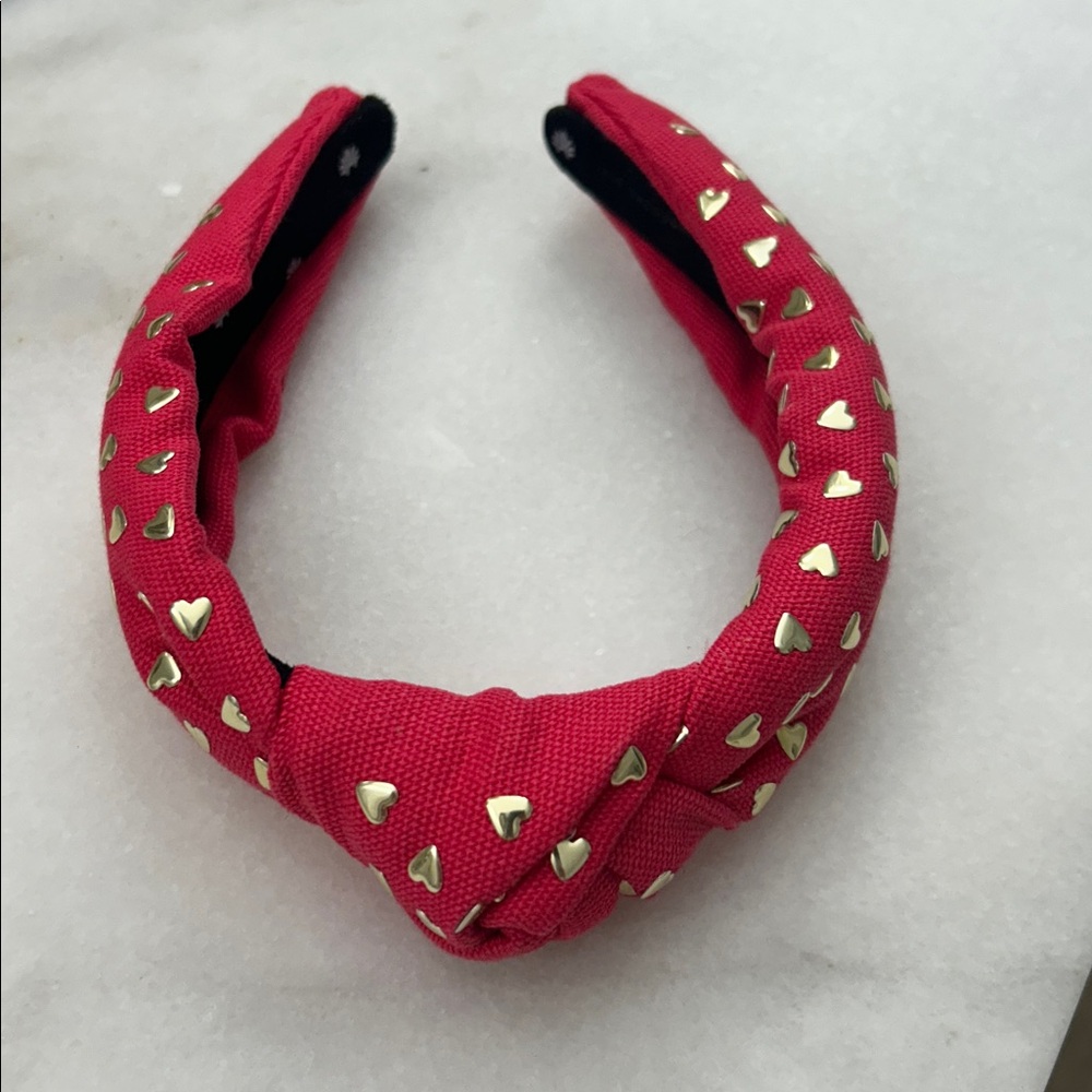 Lele Sadoughi Red Headband with Gold Heart Studs
